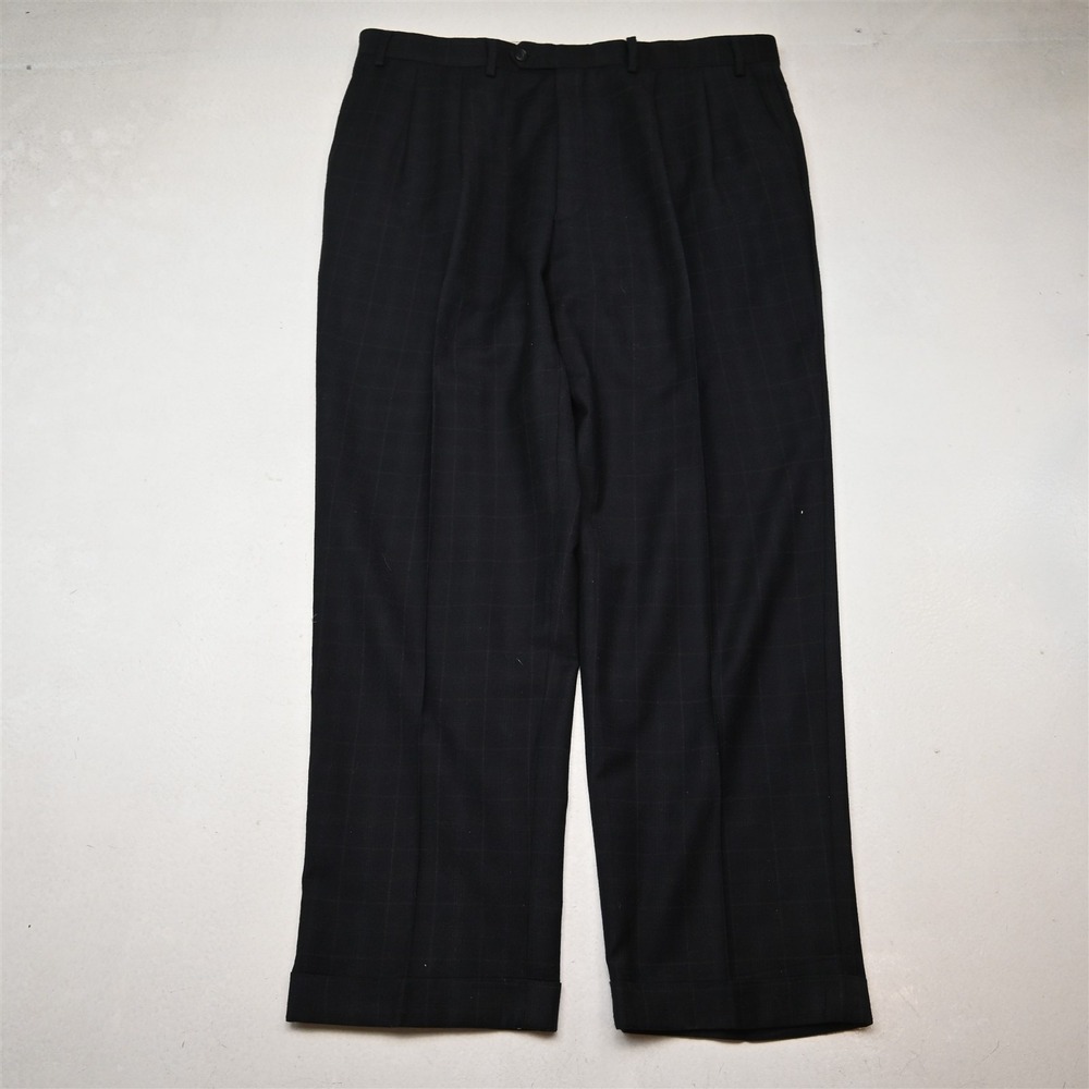 Turnbury 38x30 Navy Blue Windowpane 100% Wool Flannel Pleated Dress Pants